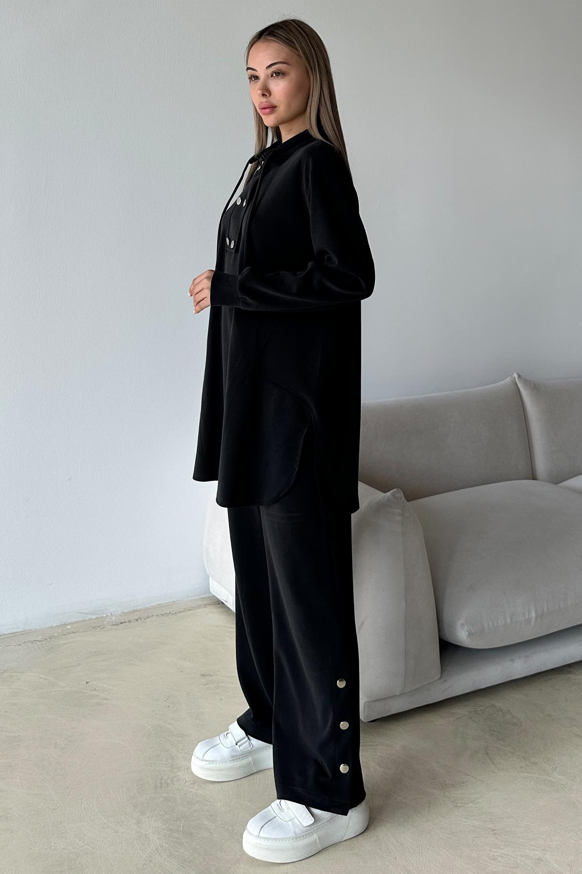 Metal Aksesuarlı Premium Kumaş Salaş Sweat Pantolon Takım SİYAH 9372-TK