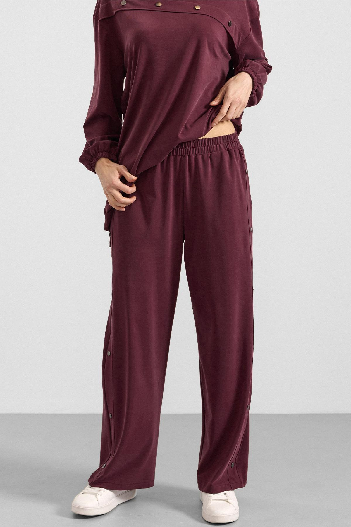 Metal Aksesuarlı Premium Kumaş Sweat Pantolon Takım BORDO 9404-TK