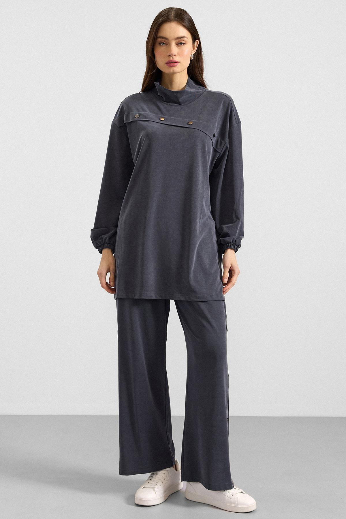 Metal Aksesuarlı Premium Kumaş Sweat Pantolon Takım LACİVERT 9404-TK