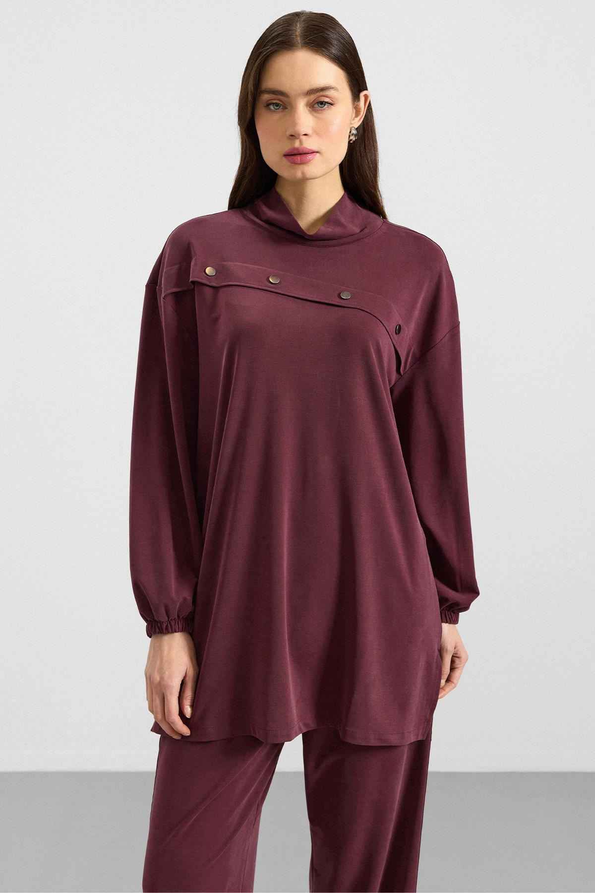 Metal Aksesuarlı Premium Kumaş Sweat Pantolon Takım BORDO 9404-TK