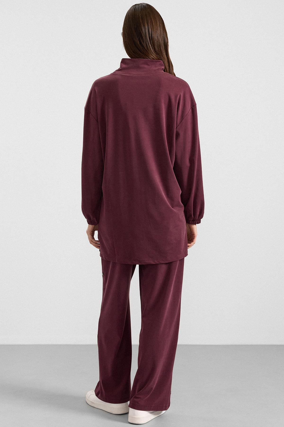 Metal Aksesuarlı Premium Kumaş Sweat Pantolon Takım BORDO 9404-TK