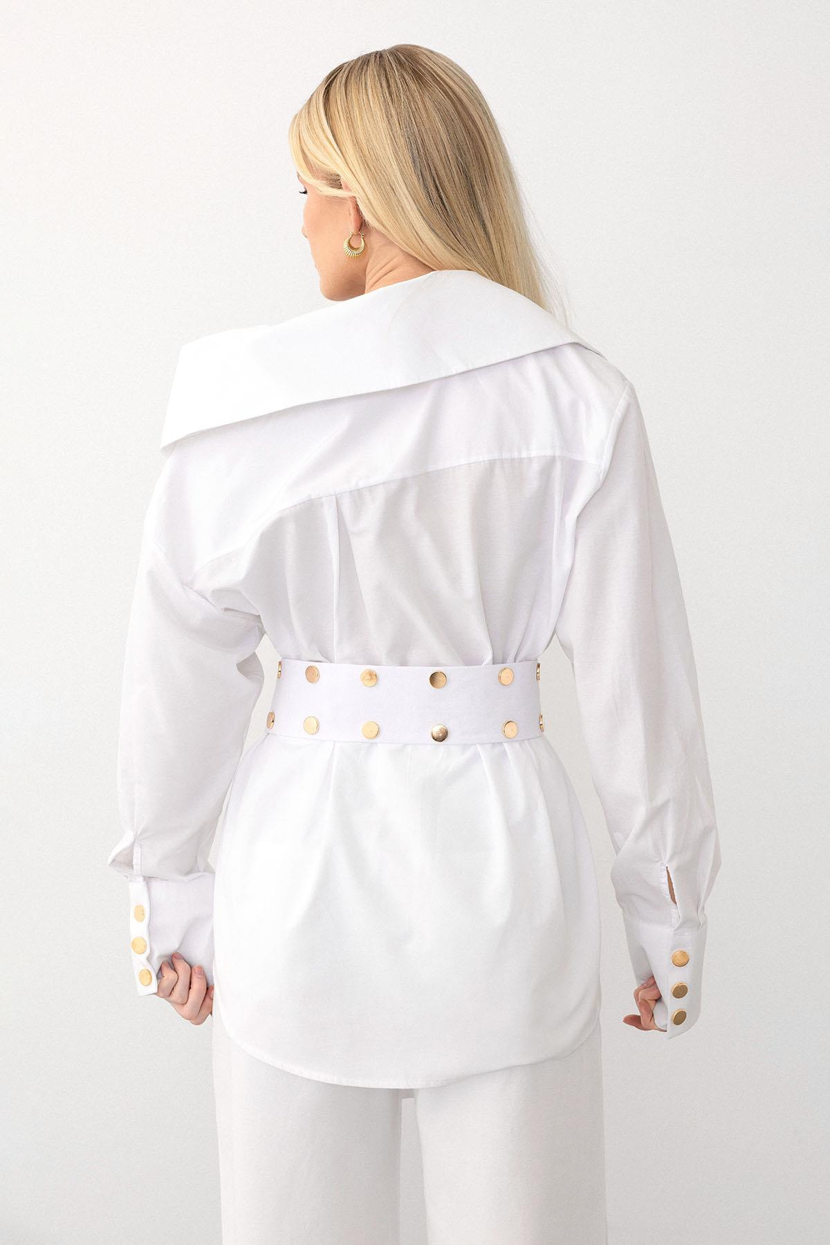 Metal Çıt Çıt Detaylı Madonna Yaka Gömlek BEYAZ 9278