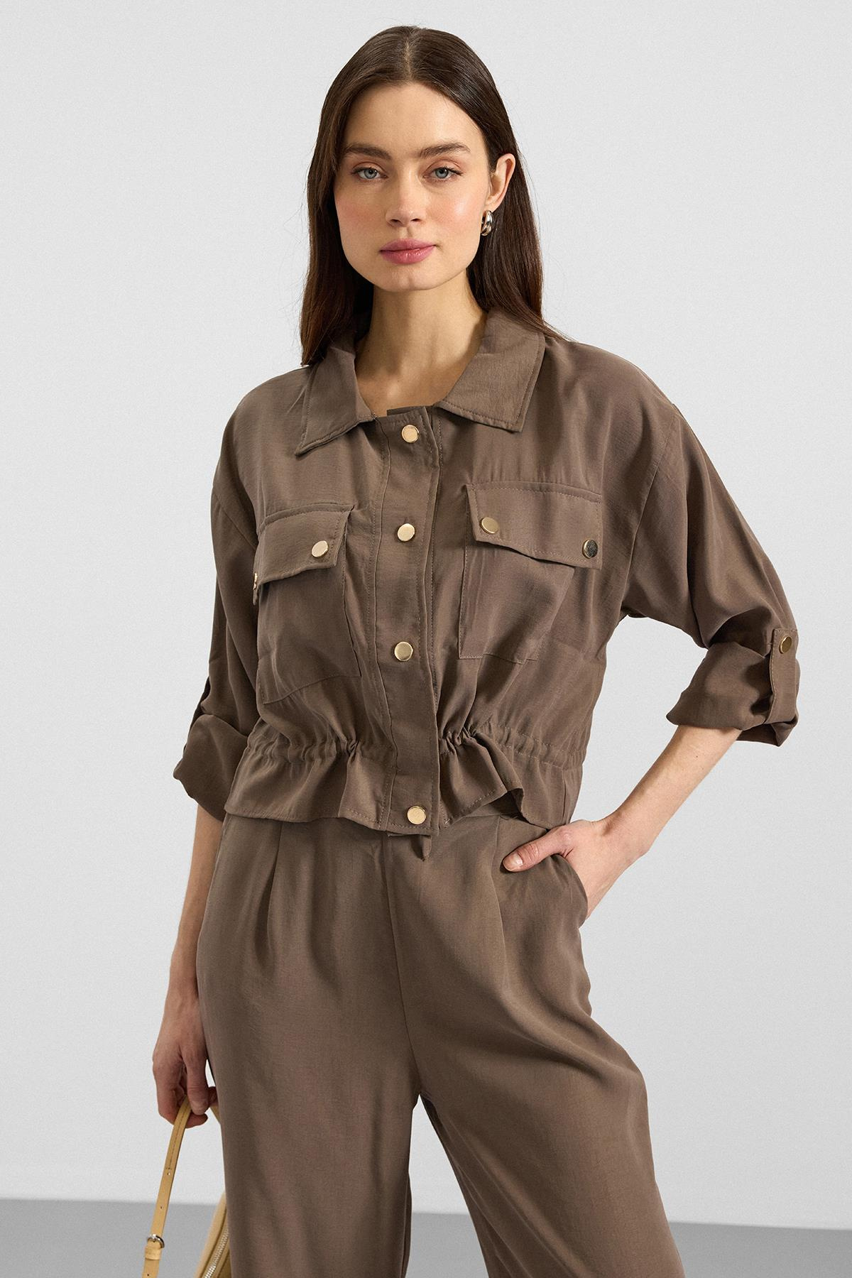 Metal Çıtçıtlı Crop Modal Ceket HAKİ 8285