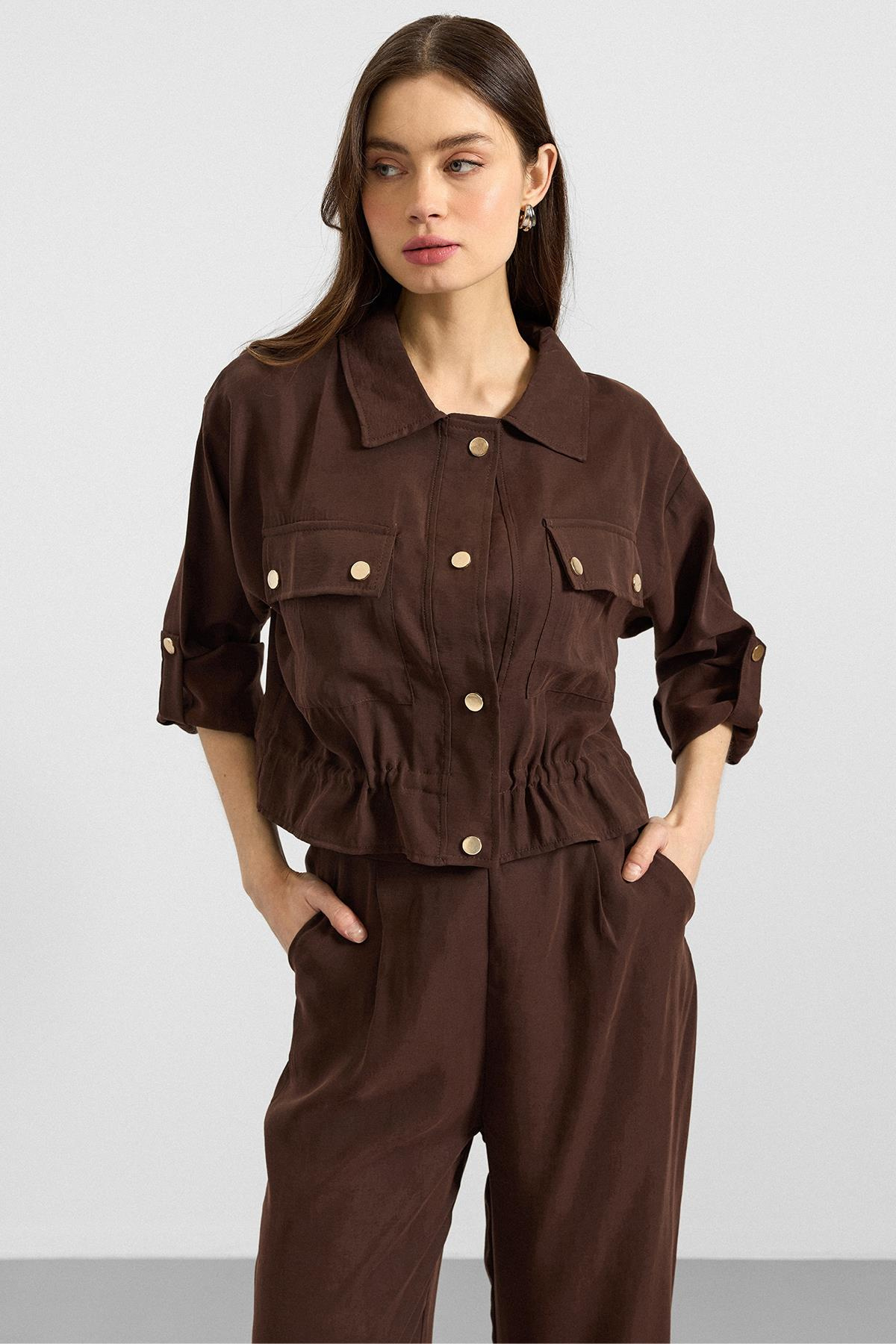 Metal Çıtçıtlı Crop Modal Ceket KAHVE 8285