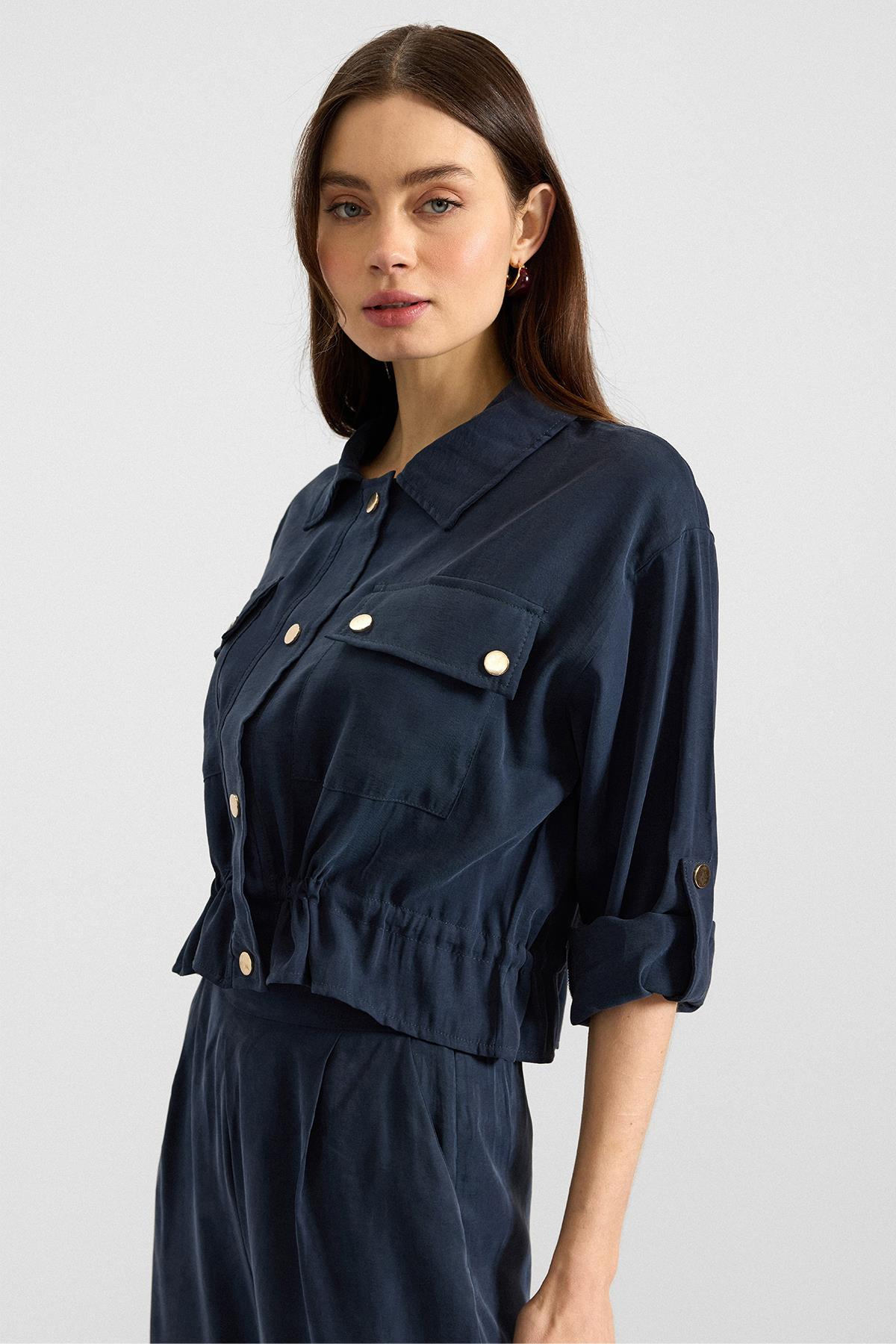 Metal Çıtçıtlı Crop Modal Ceket LACİVERT 8285