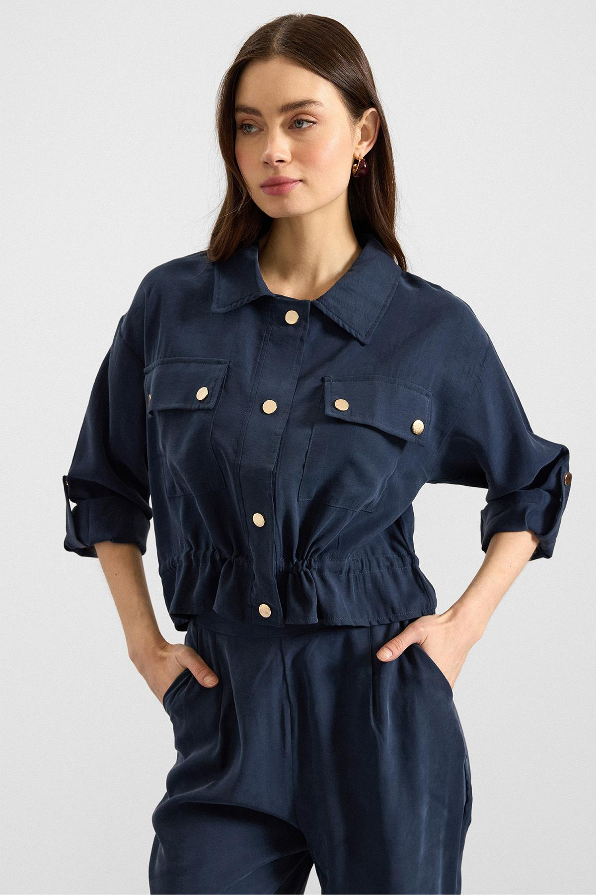 Metal Çıtçıtlı Crop Modal Ceket LACİVERT 8285