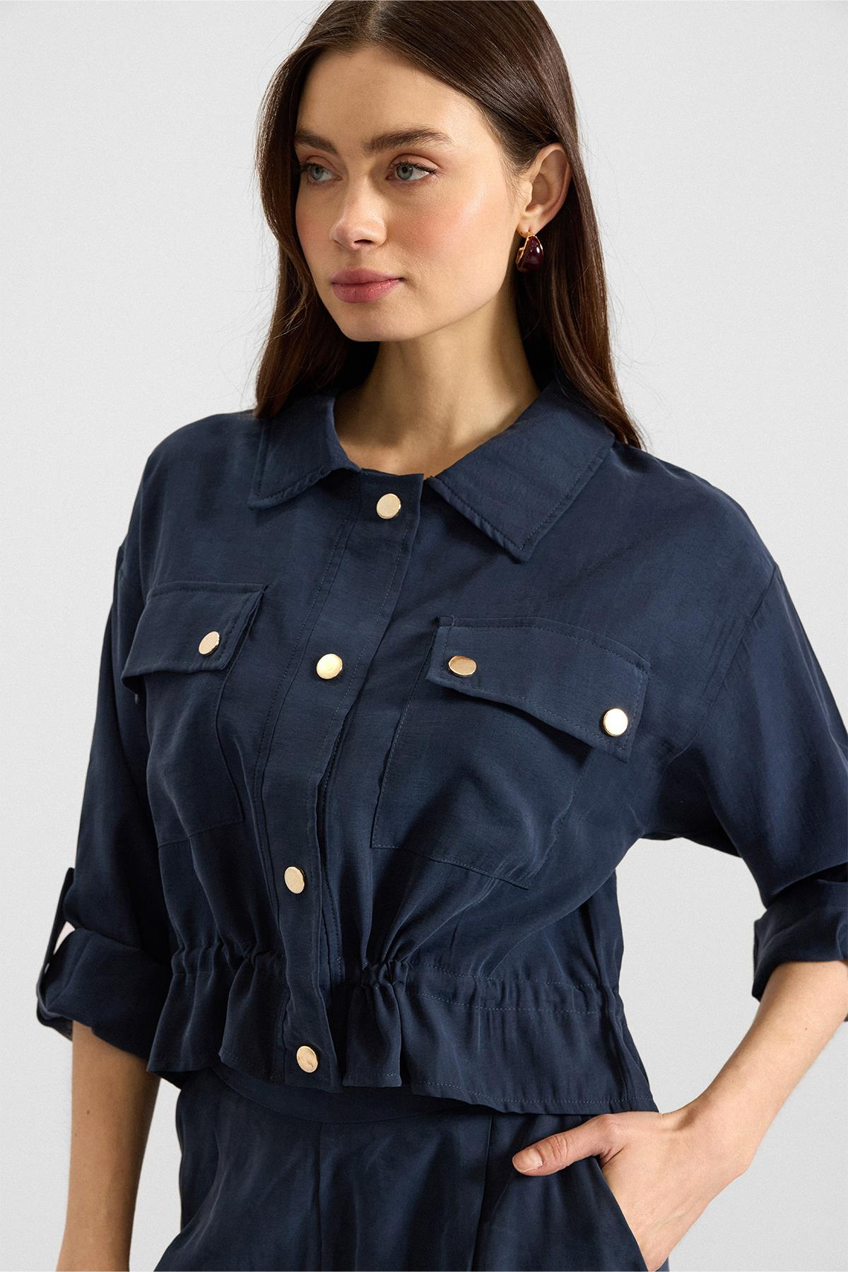 Metal Çıtçıtlı Crop Modal Ceket LACİVERT 8285