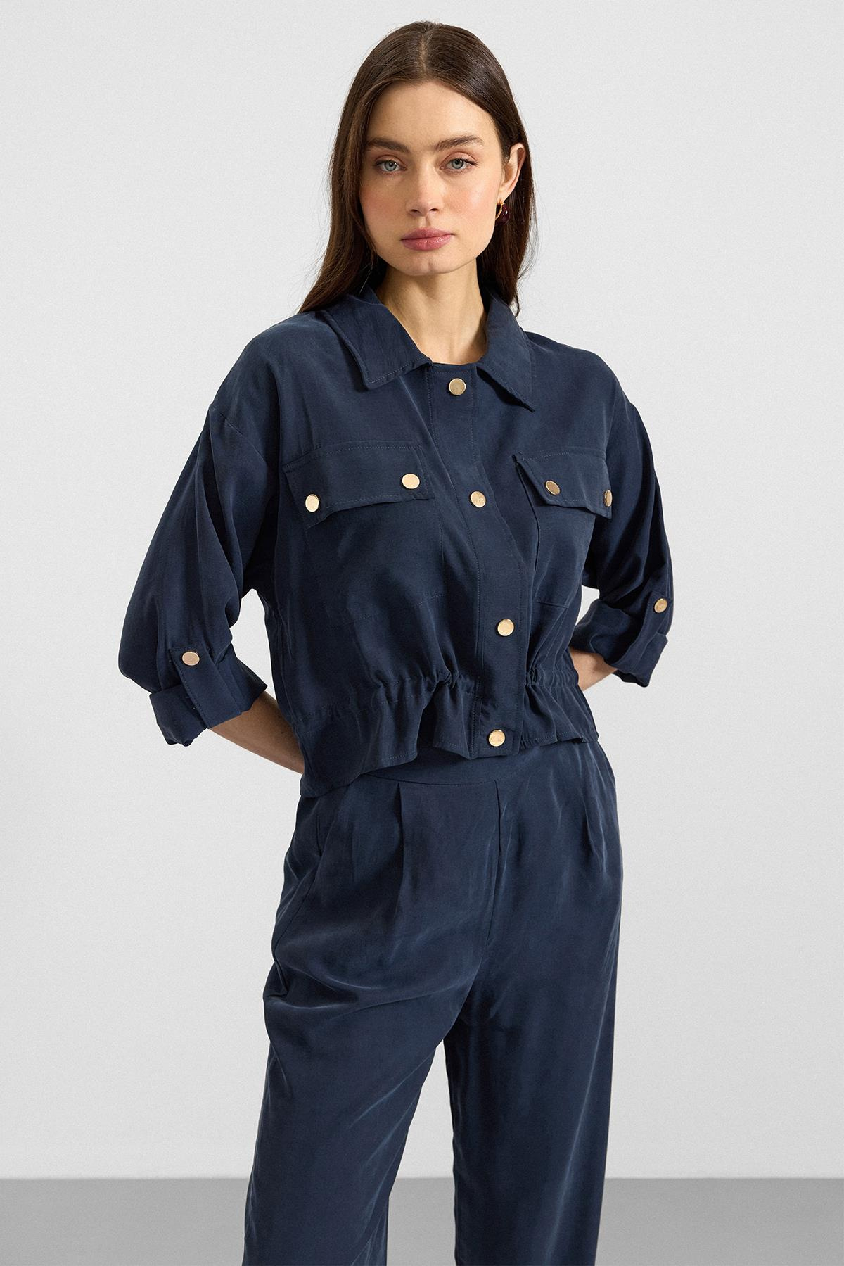 Metal Çıtçıtlı Crop Modal Ceket LACİVERT 8285