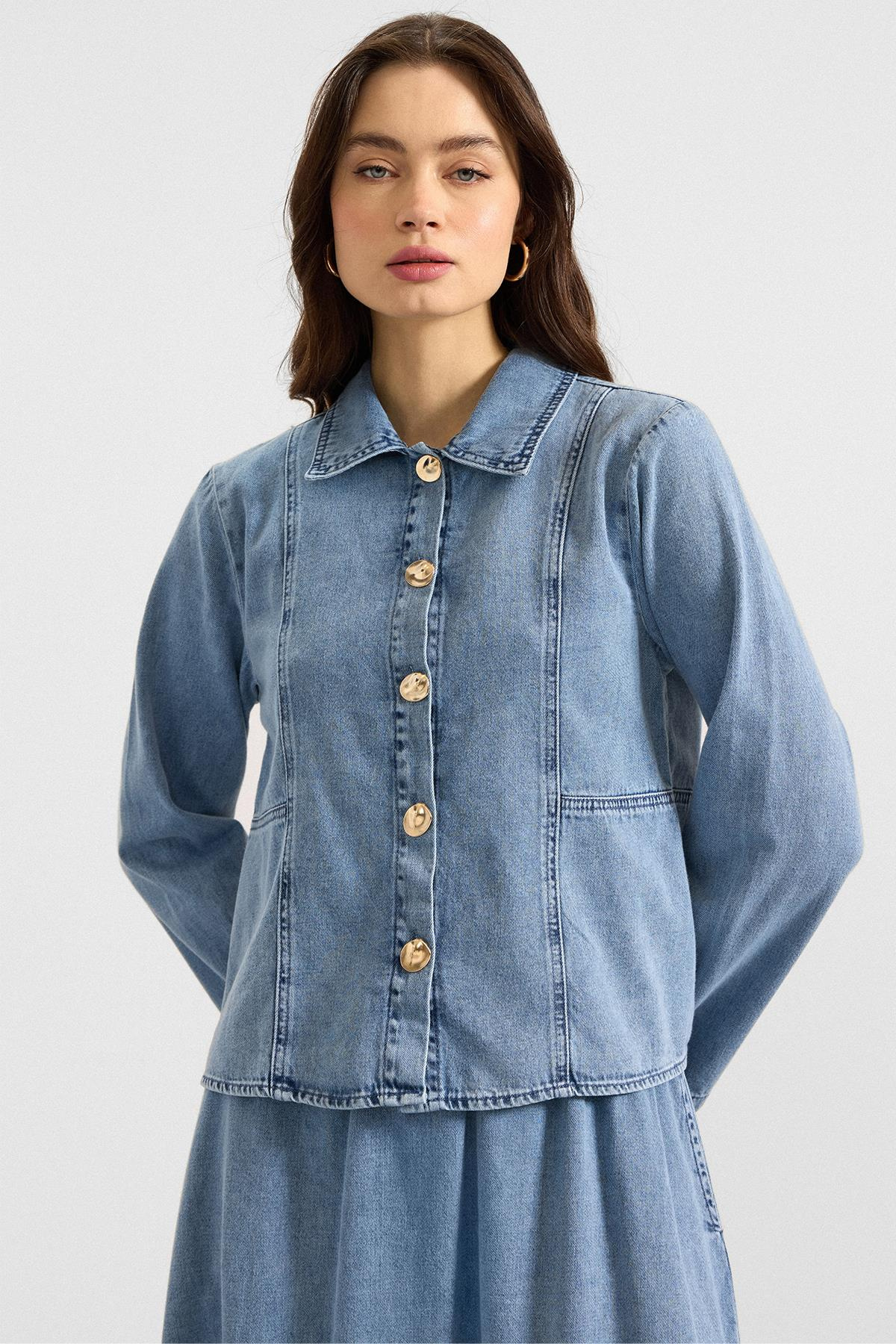 Metal Düğmeli Etek Ceket Denim ikili Takım AÇIK MAVİ 9400-TK