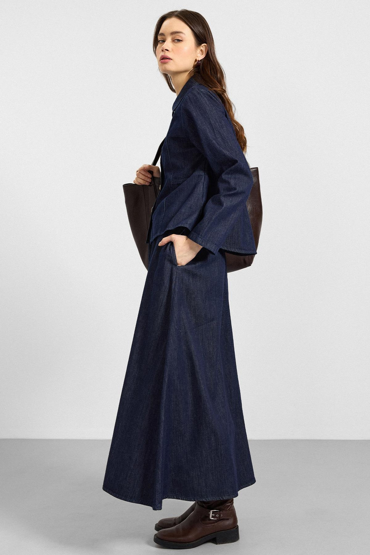 Metal Düğmeli Etek Ceket Denim ikili Takım LACİVERT 9400-TK