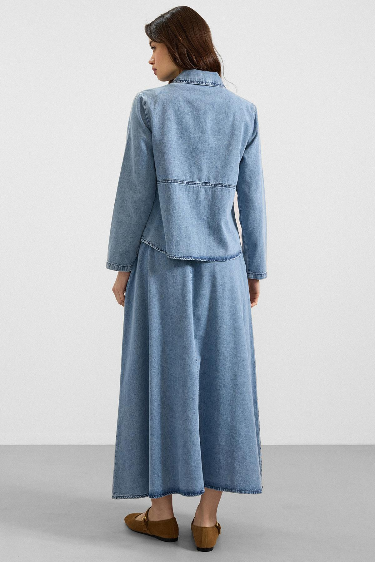 Metal Düğmeli Etek Ceket Denim ikili Takım AÇIK MAVİ 9400-TK