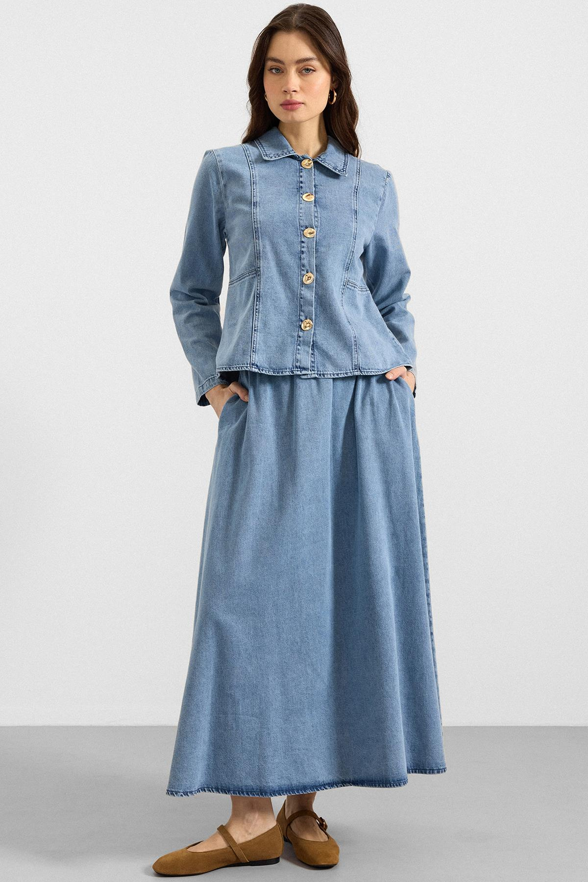 Metal Düğmeli Etek Ceket Denim ikili Takım AÇIK MAVİ 9400-TK