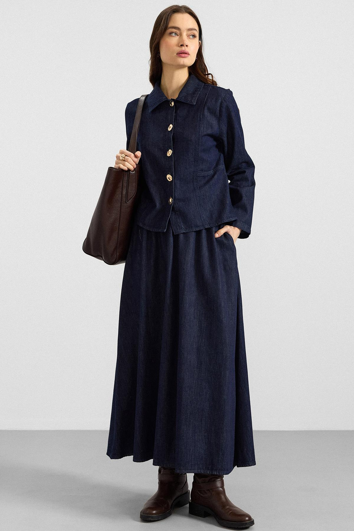 Metal Düğmeli Etek Ceket Denim ikili Takım LACİVERT 9400-TK