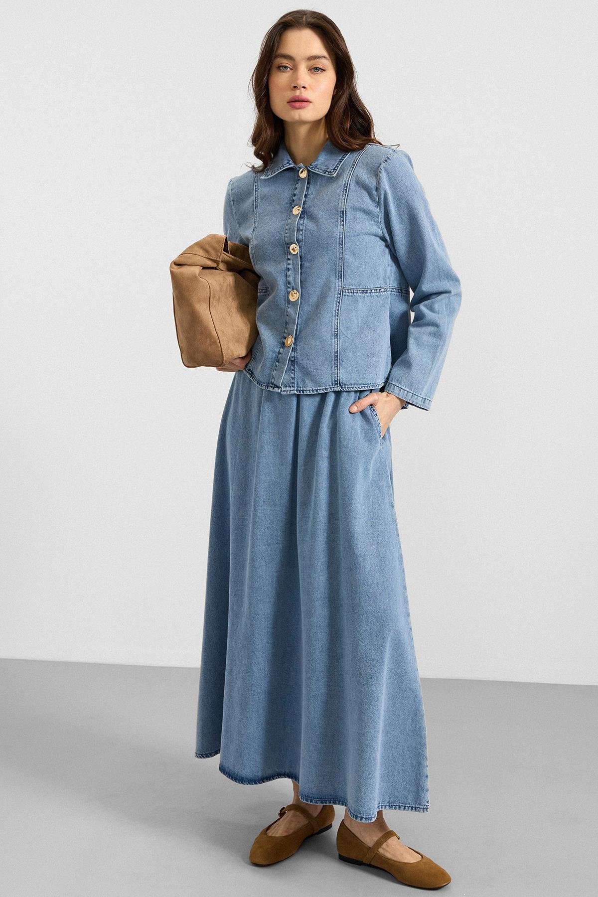 Metal Düğmeli Etek Ceket Denim ikili Takım AÇIK MAVİ 9400-TK