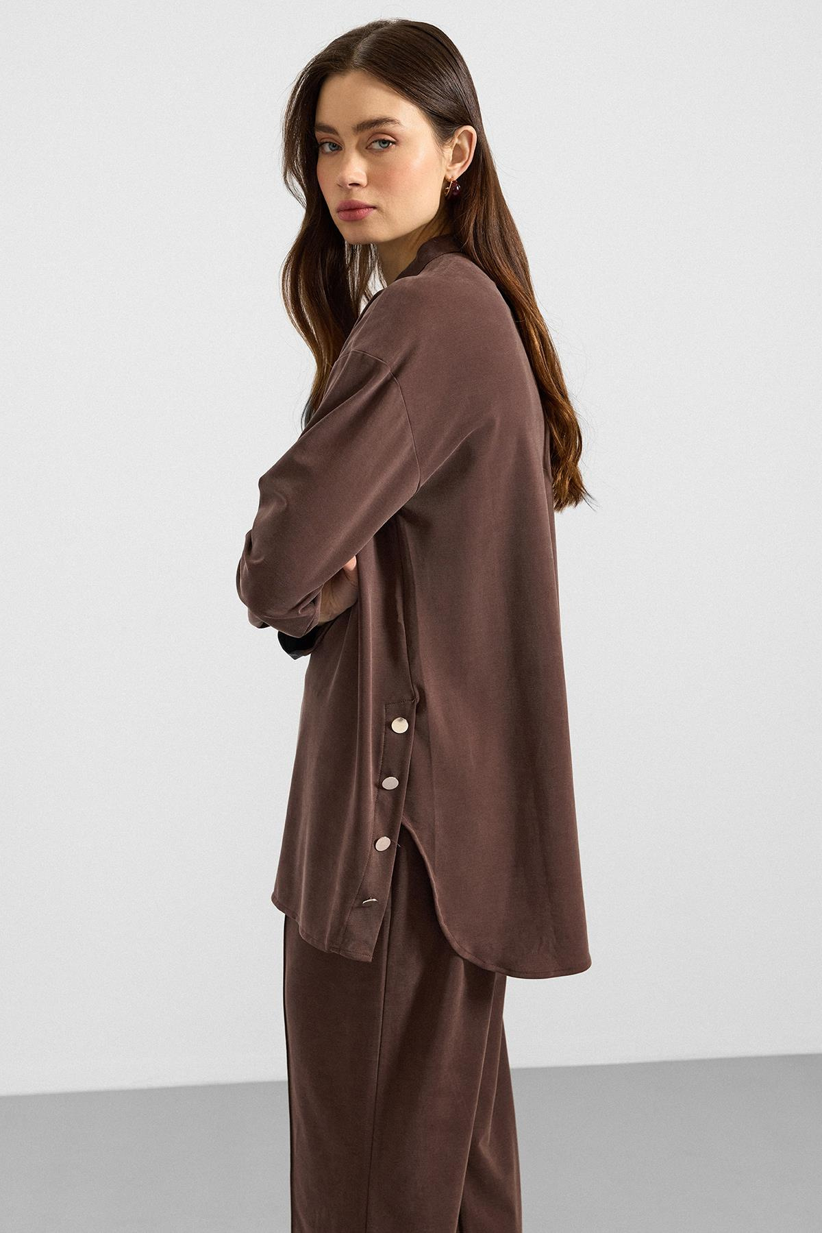 Metal Düğmeli Premium Kumaş Sweat Pantolon Takım KAHVE 9405-TK