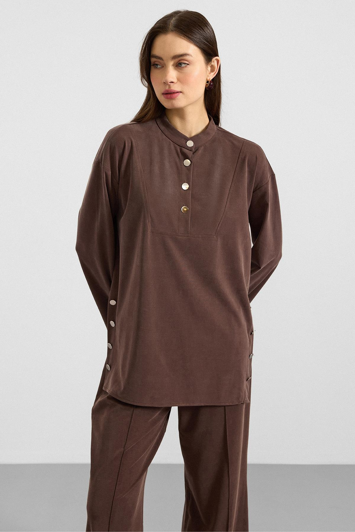 Metal Düğmeli Premium Kumaş Sweat Pantolon Takım KAHVE 9405-TK