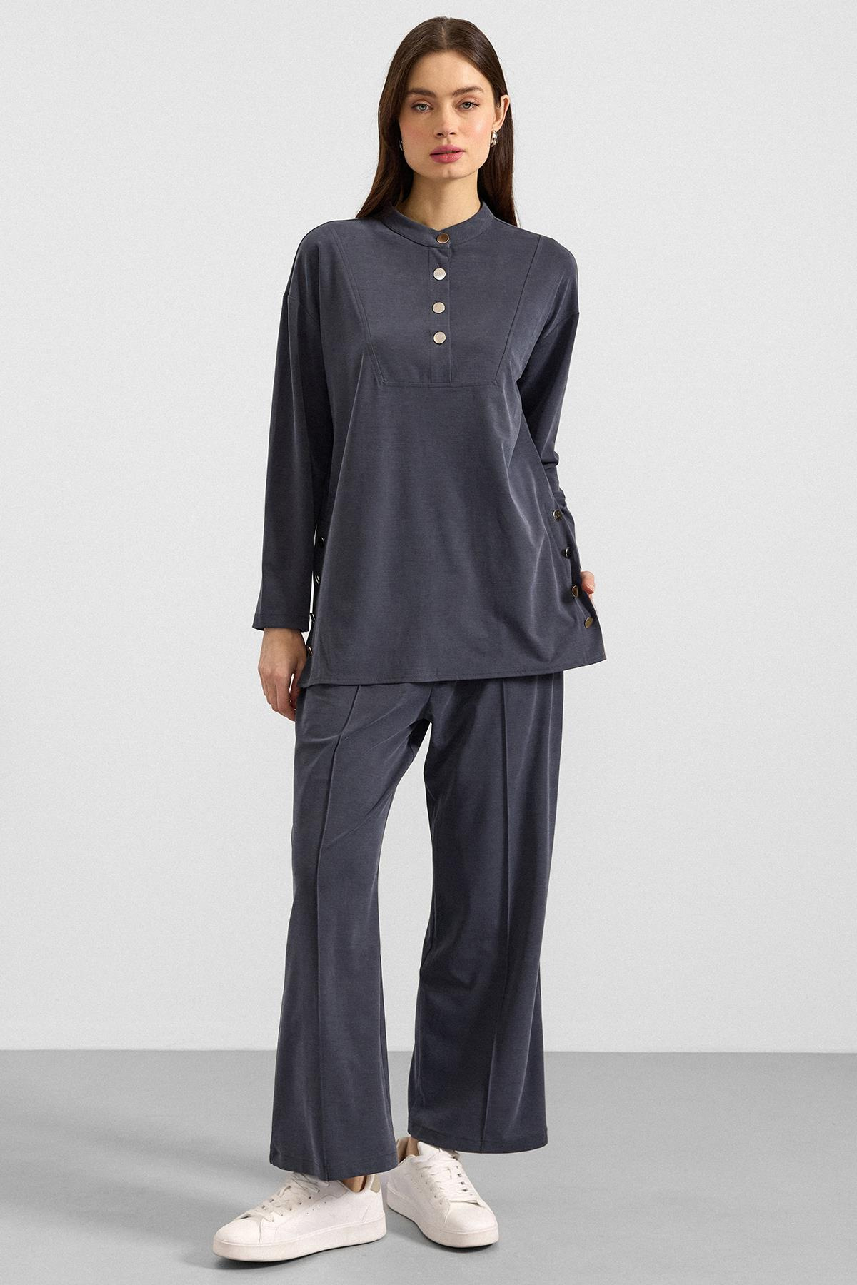 Metal Düğmeli Premium Kumaş Sweat Pantolon Takım LACİVERT 9405-TK