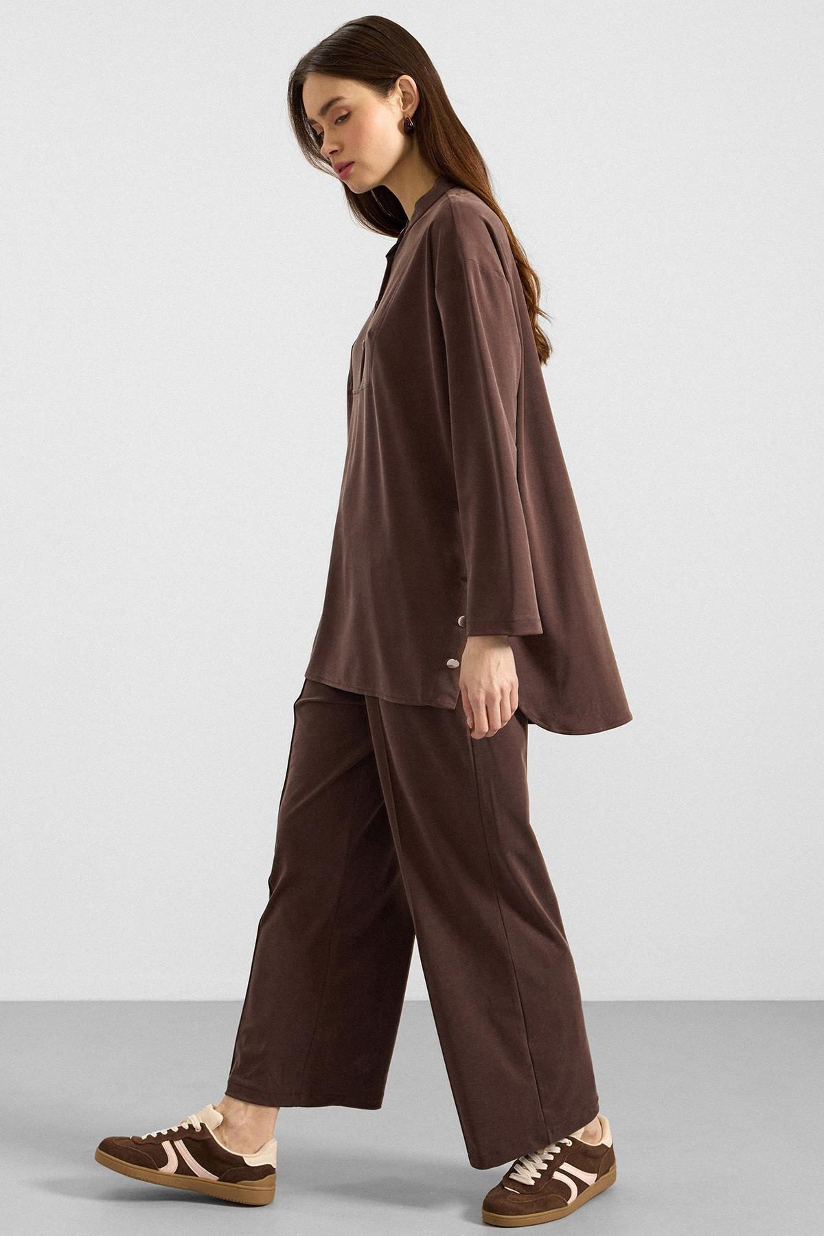 Metal Düğmeli Premium Kumaş Sweat Pantolon Takım KAHVE 9405-TK