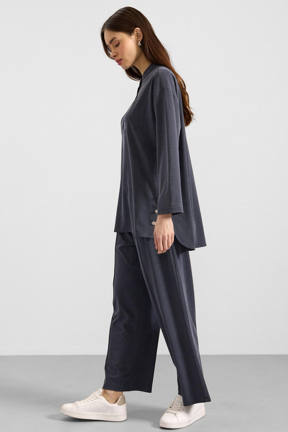 Metal Düğmeli Premium Kumaş Sweat Pantolon Takım LACİVERT 9405-TK