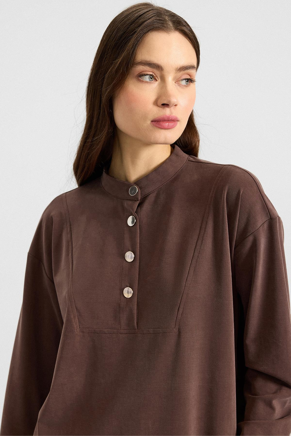 Metal Düğmeli Premium Kumaş Sweat Pantolon Takım KAHVE 9405-TK