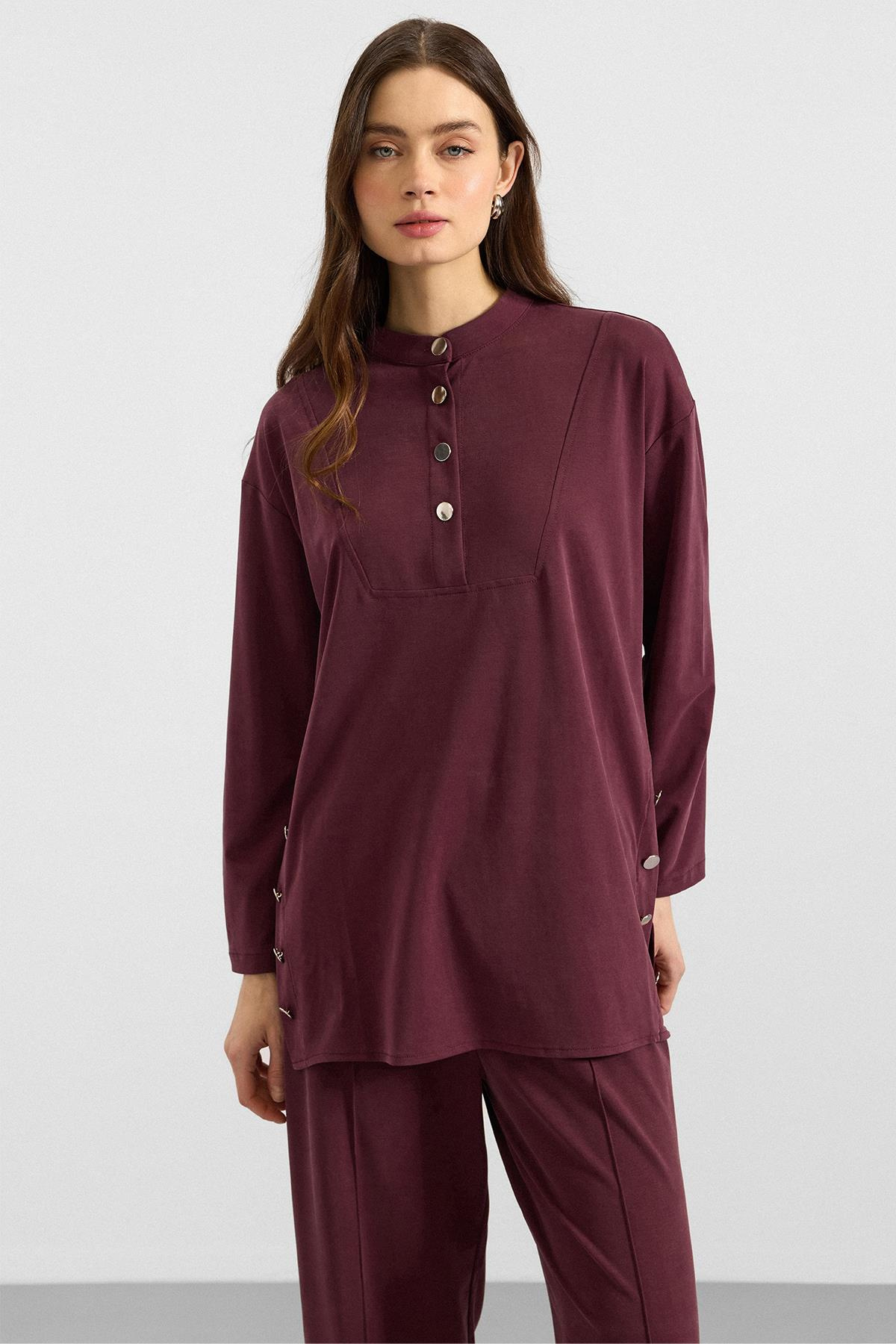 Metal Düğmeli Premium Kumaş Sweat Pantolon Takım BORDO 9405-TK