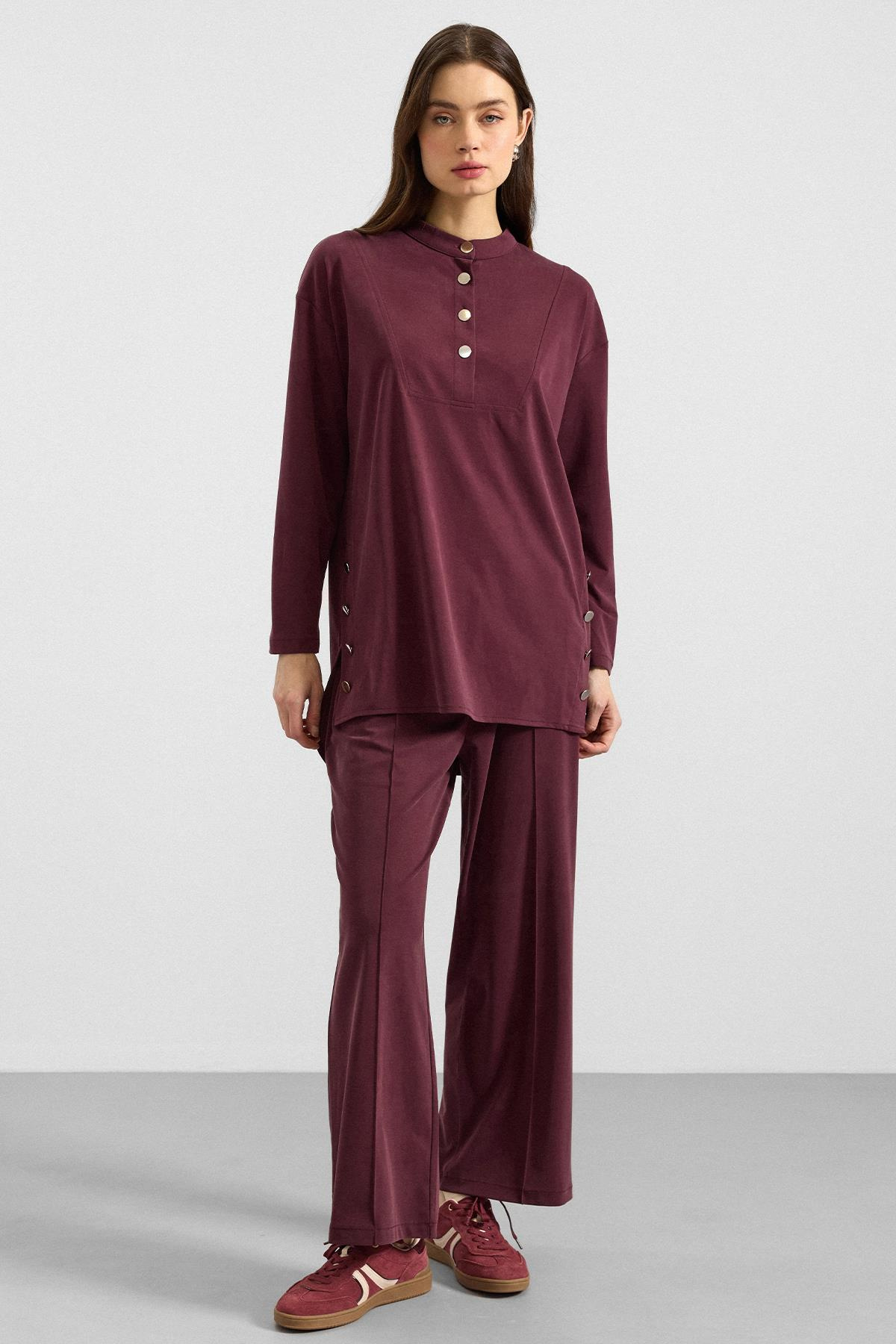 Metal Düğmeli Premium Kumaş Sweat Pantolon Takım BORDO 9405-TK
