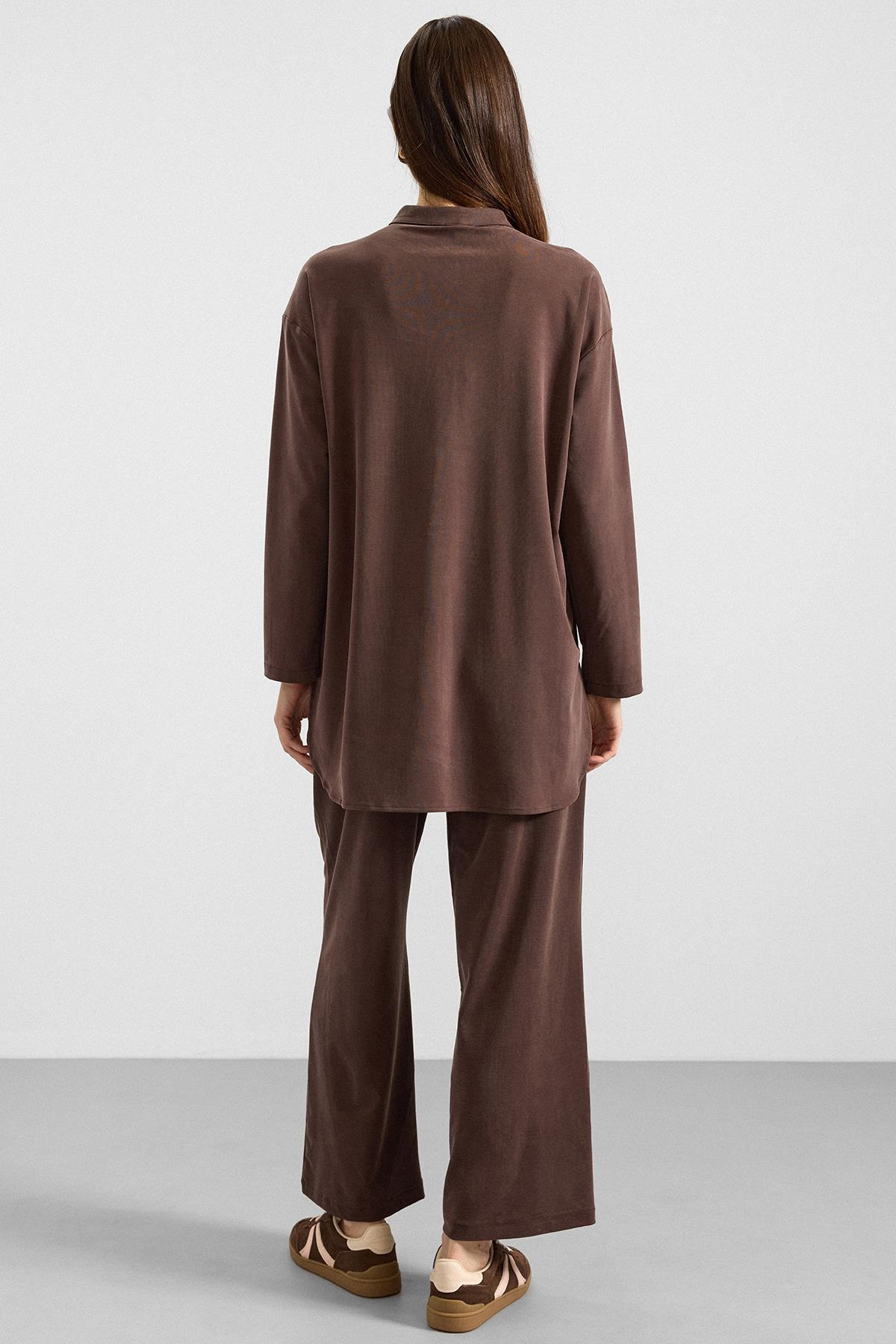 Metal Düğmeli Premium Kumaş Sweat Pantolon Takım KAHVE 9405-TK