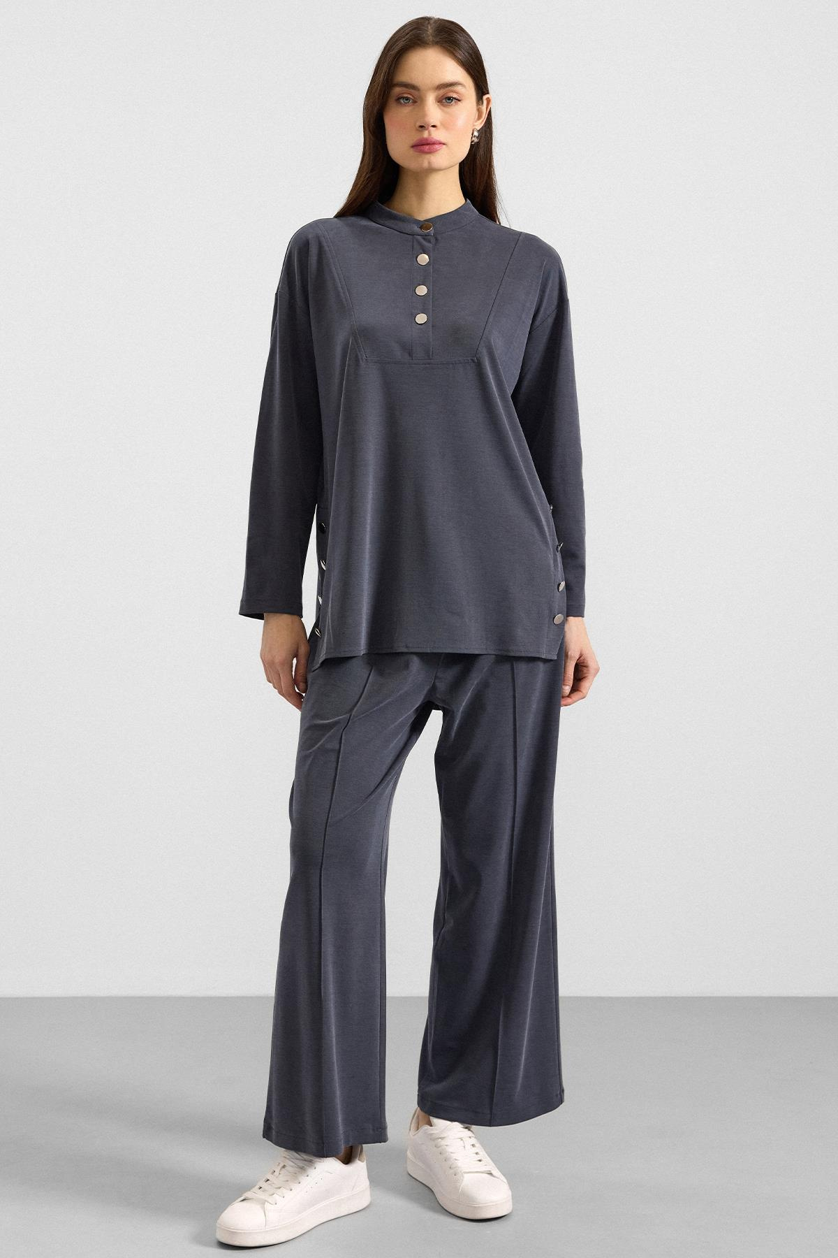 Metal Düğmeli Premium Kumaş Sweat Pantolon Takım LACİVERT 9405-TK