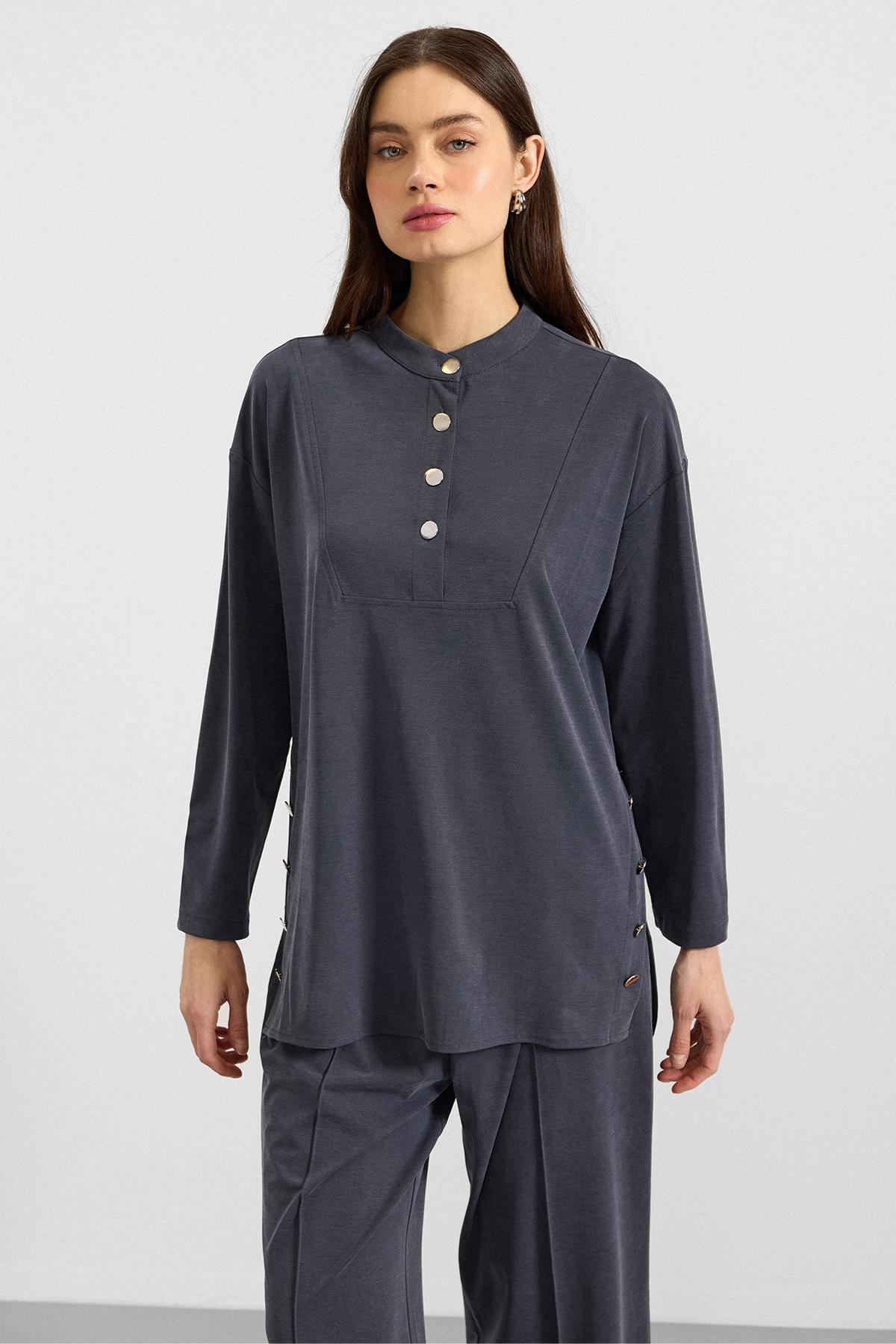 Metal Düğmeli Premium Kumaş Sweat Pantolon Takım LACİVERT 9405-TK