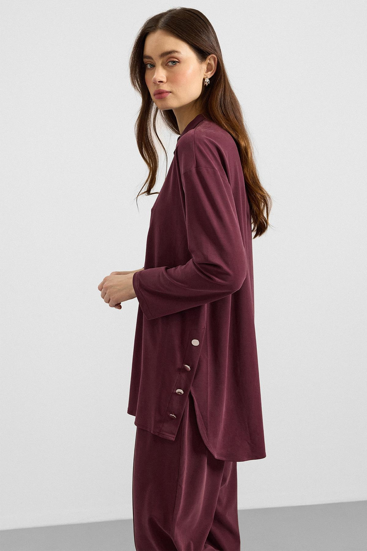 Metal Düğmeli Premium Kumaş Sweat Pantolon Takım BORDO 9405-TK