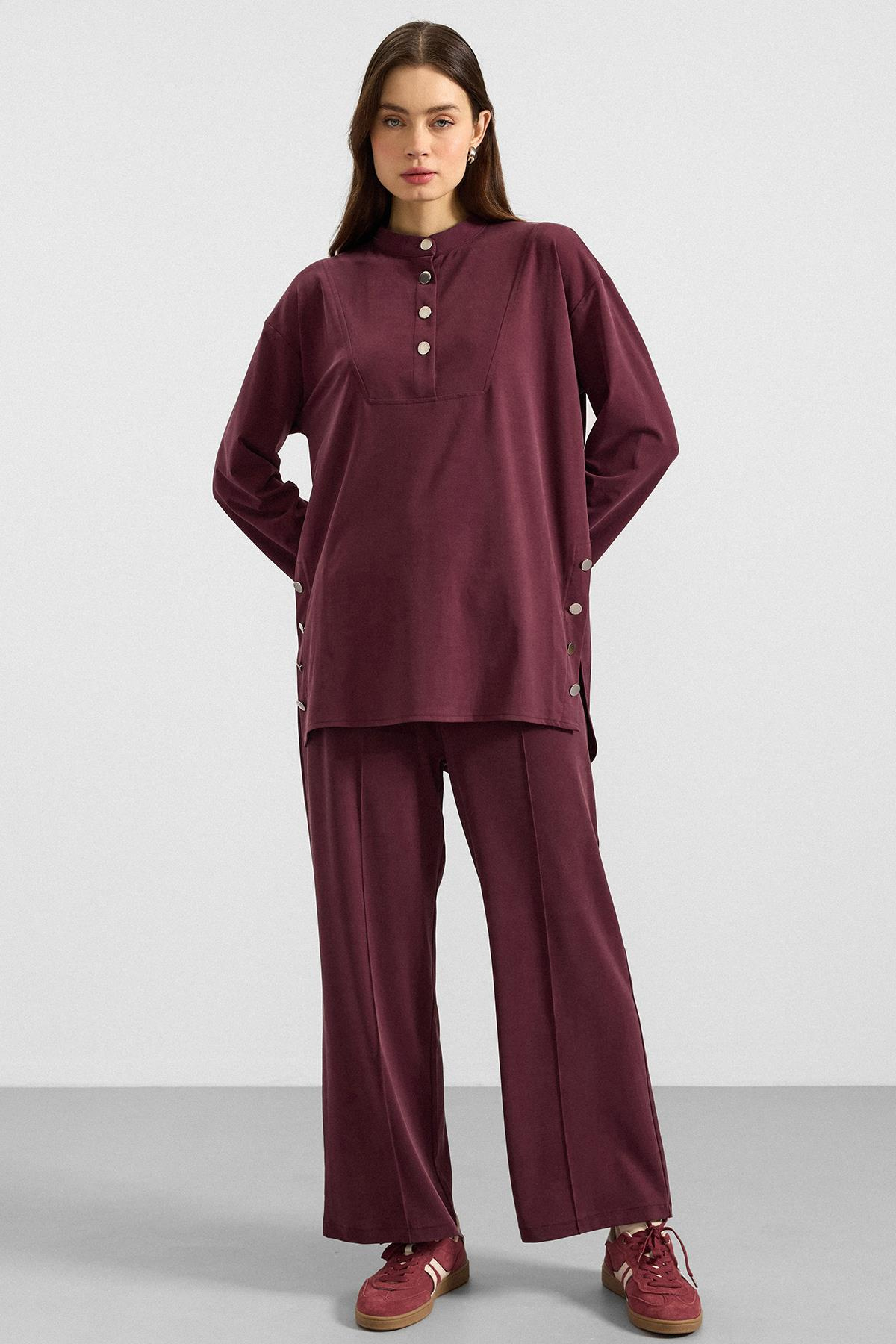 Metal Düğmeli Premium Kumaş Sweat Pantolon Takım BORDO 9405-TK