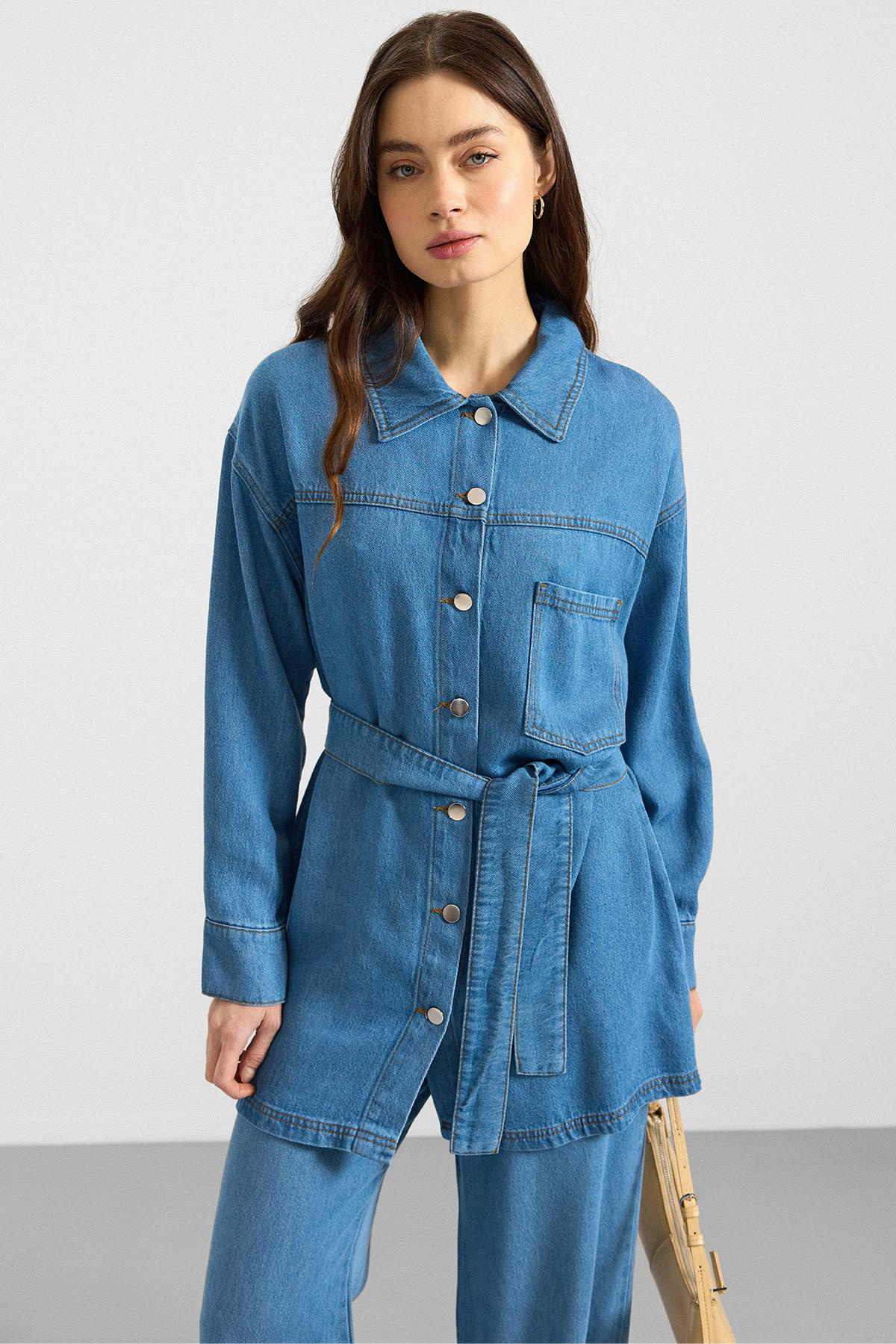 Metal Düğmeli Soft Denim Ceket Pantolon MAVİ 9401-TK