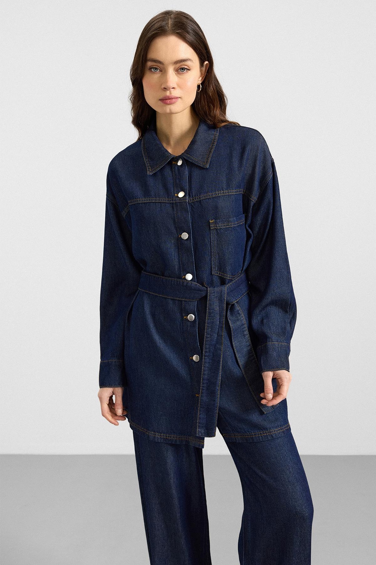 Metal Düğmeli Soft Denim Ceket Pantolon KOYU MAVİ 9401-TK