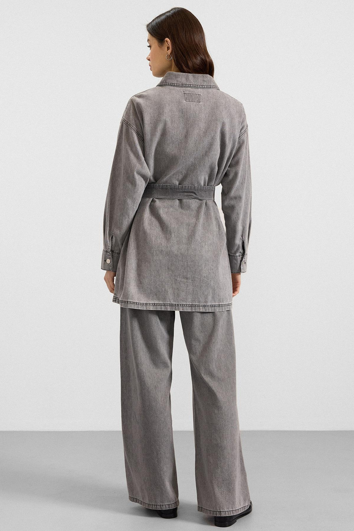 Metal Düğmeli Soft Denim Ceket Pantolon GRİ 9401-TK