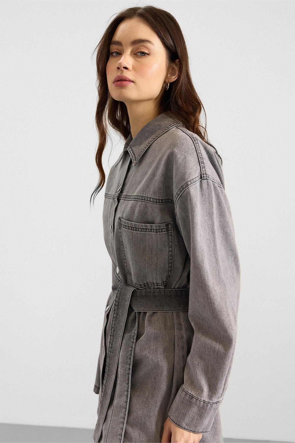 Metal Düğmeli Soft Denim Ceket Pantolon GRİ 9401-TK