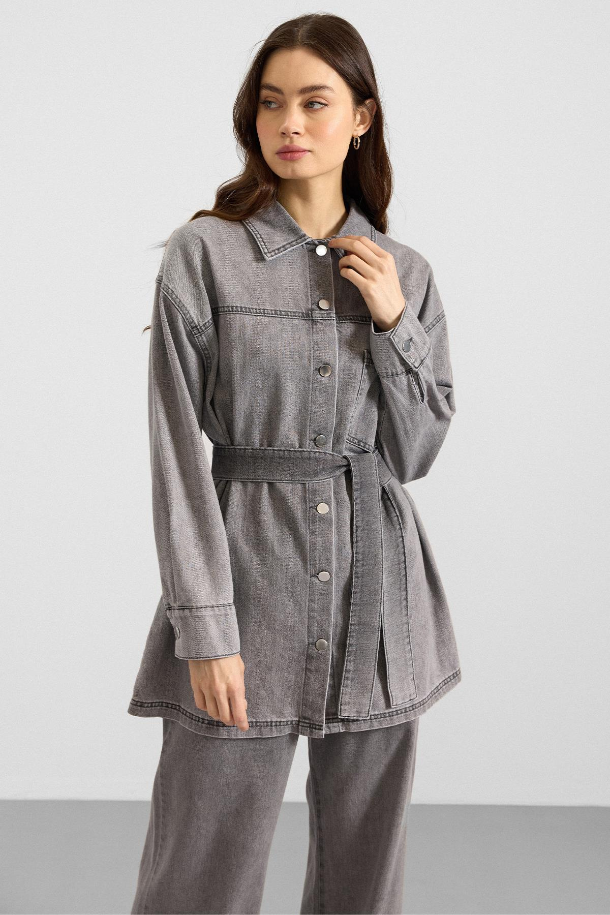 Metal Düğmeli Soft Denim Ceket Pantolon GRİ 9401-TK