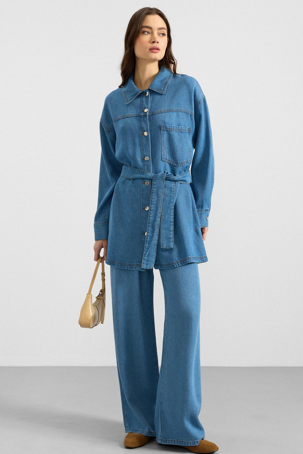 Metal Düğmeli Soft Denim Ceket Pantolon MAVİ 9401-TK