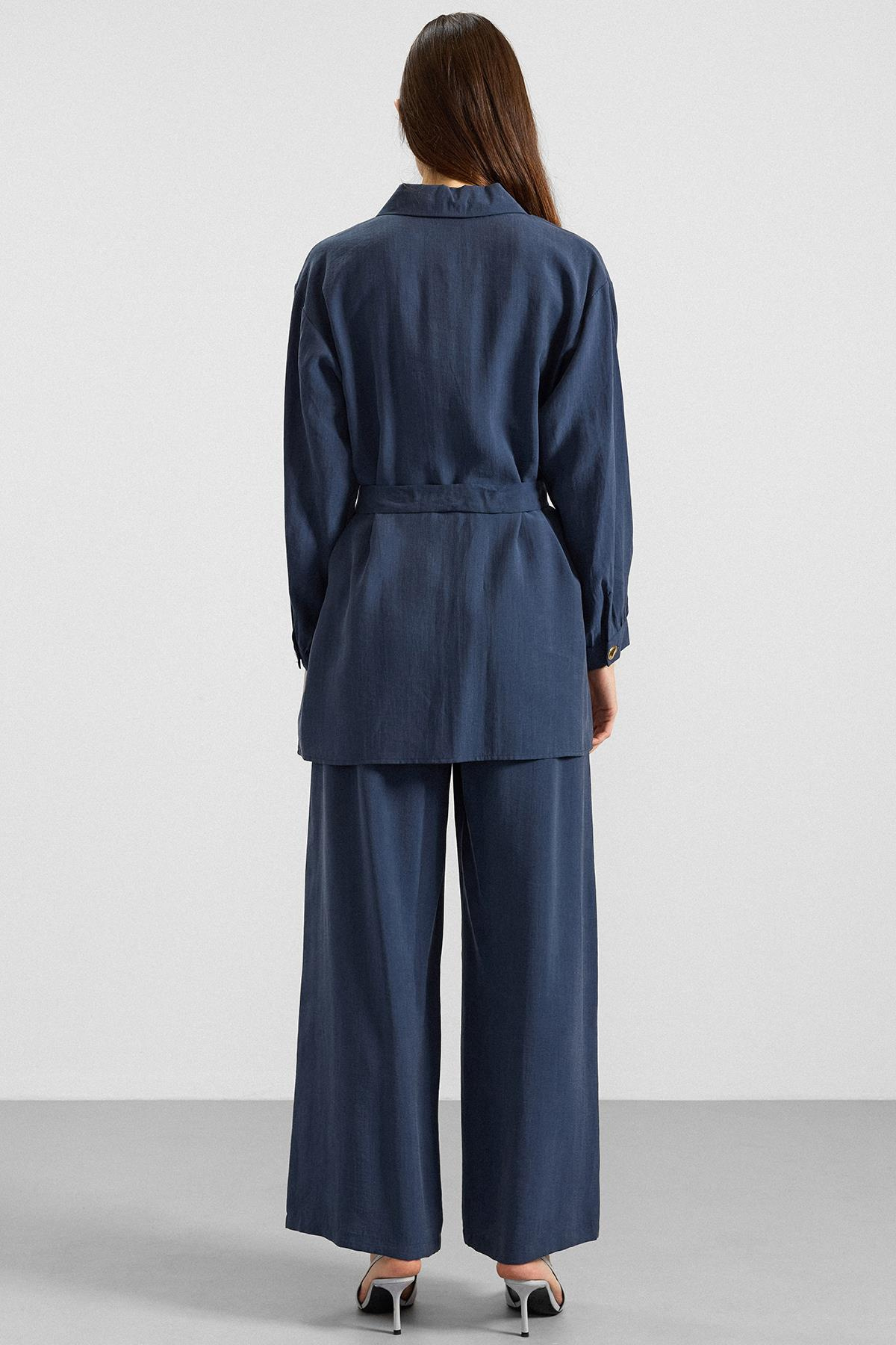 Metal Düğmeli Soft Kumaş Tunik Pantolon İkili Takım İNDİGO 9397-TK