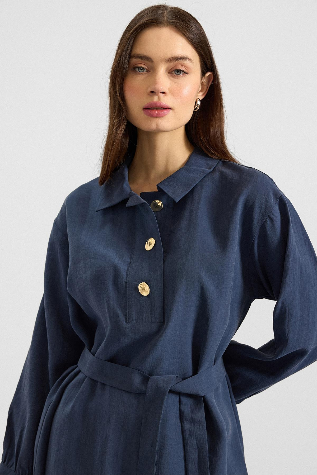 Metal Düğmeli Soft Kumaş Tunik Pantolon İkili Takım İNDİGO 9397-TK