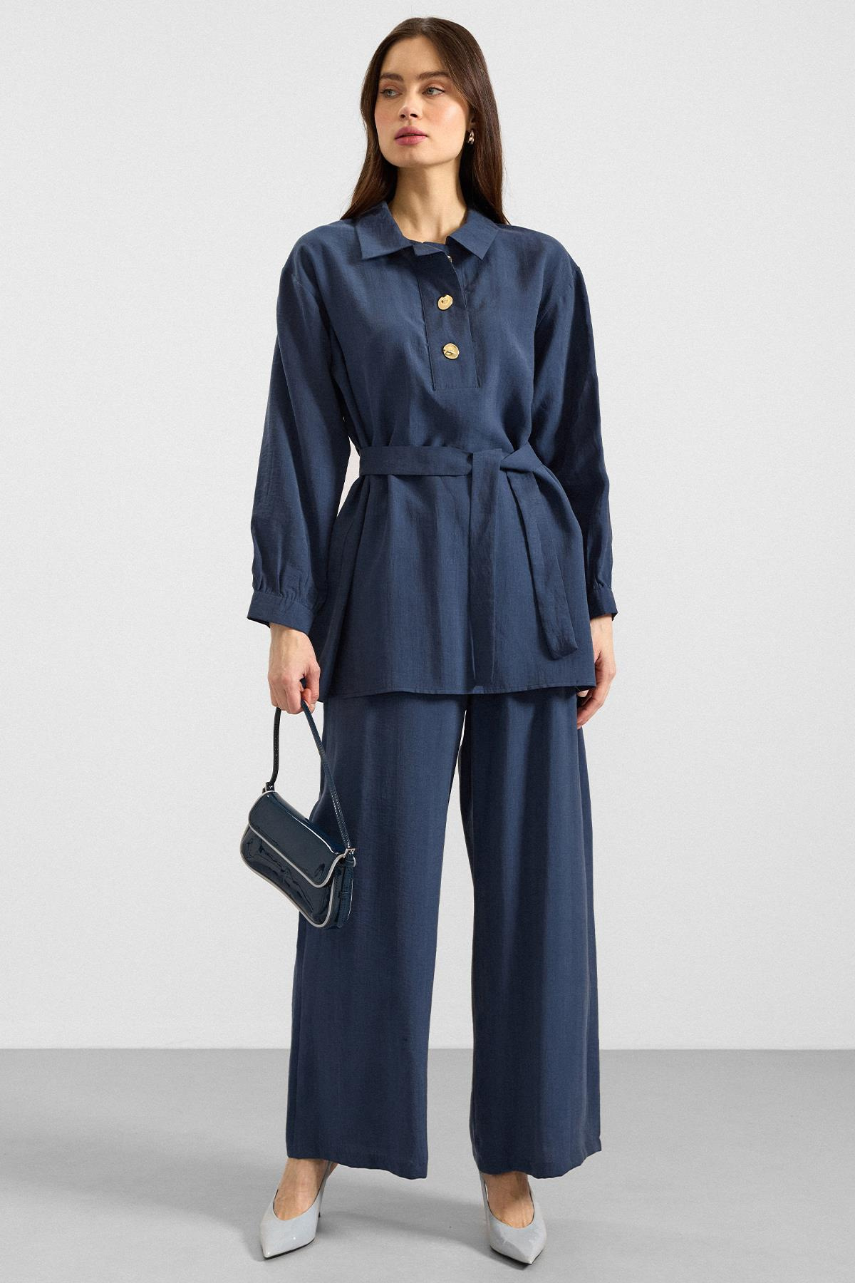 Metal Düğmeli Soft Kumaş Tunik Pantolon İkili Takım İNDİGO 9397-TK