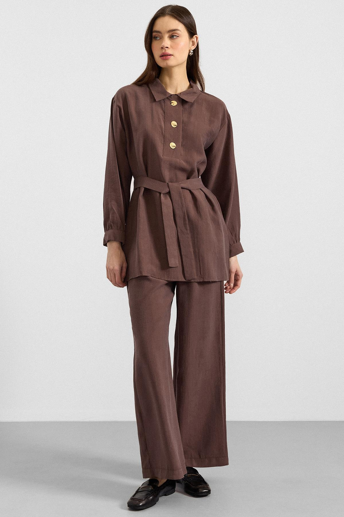 Metal Düğmeli Soft Kumaş Tunik Pantolon İkili Takım KAHVE 9397-TK