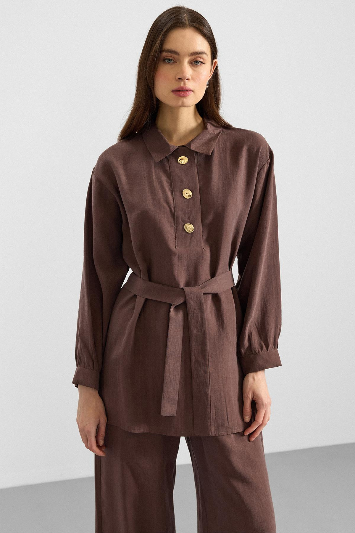 Metal Düğmeli Soft Kumaş Tunik Pantolon İkili Takım KAHVE 9397-TK