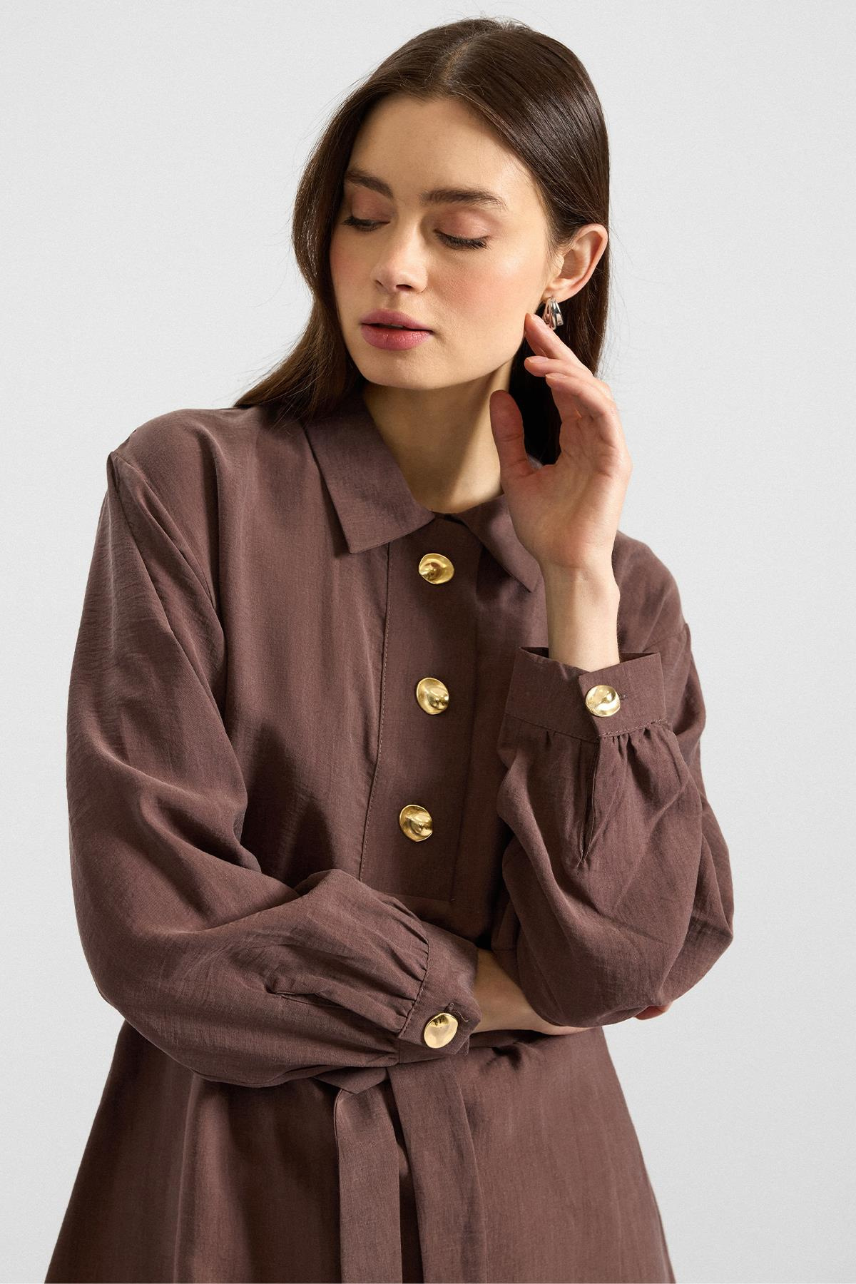 Metal Düğmeli Soft Kumaş Tunik Pantolon İkili Takım KAHVE 9397-TK