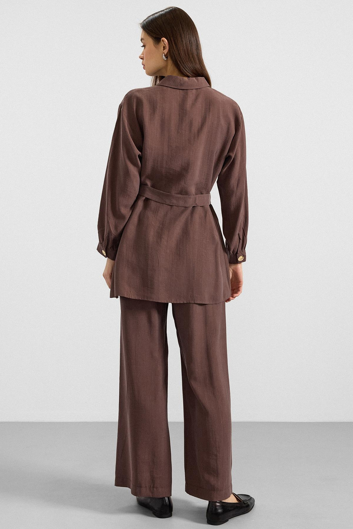 Metal Düğmeli Soft Kumaş Tunik Pantolon İkili Takım KAHVE 9397-TK