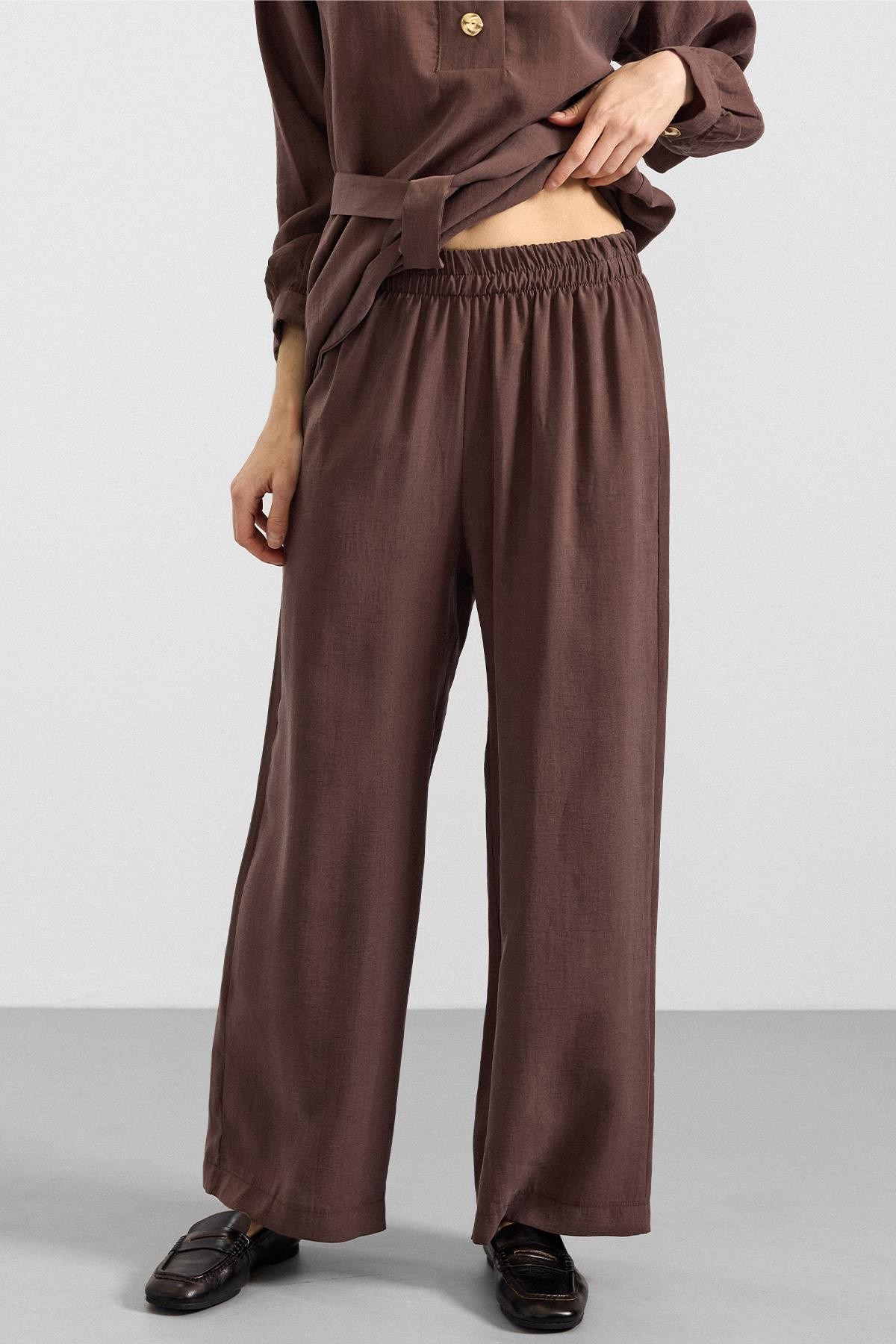 Metal Düğmeli Soft Kumaş Tunik Pantolon İkili Takım KAHVE 9397-TK