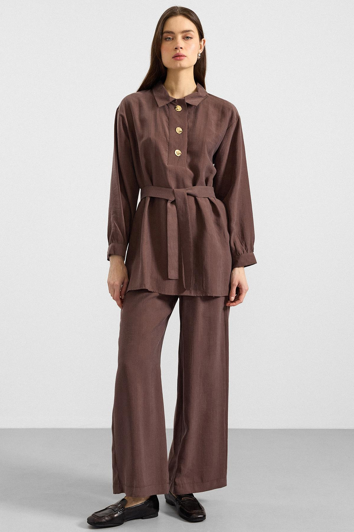 Metal Düğmeli Soft Kumaş Tunik Pantolon İkili Takım KAHVE 9397-TK