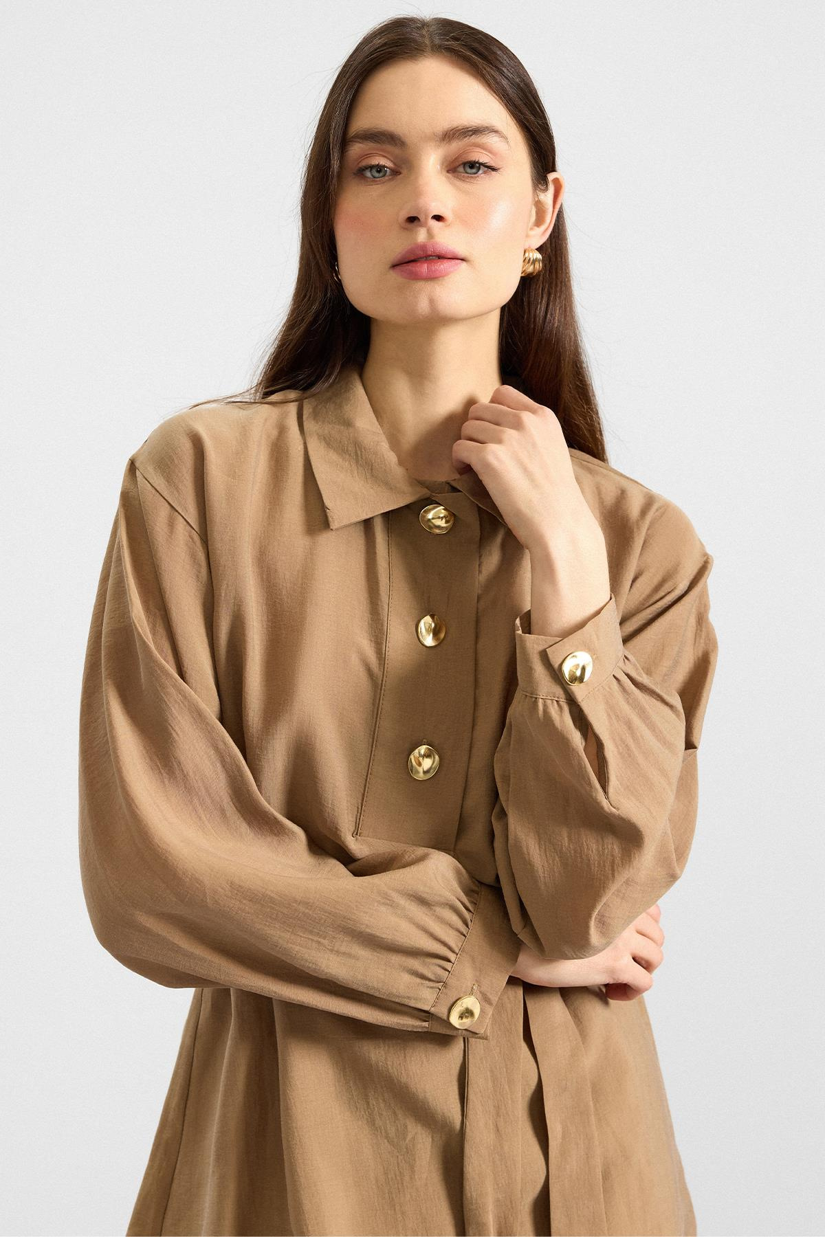 Metal Düğmeli Soft Kumaş Tunik Pantolon İkili Takım KAMEL 9397-TK