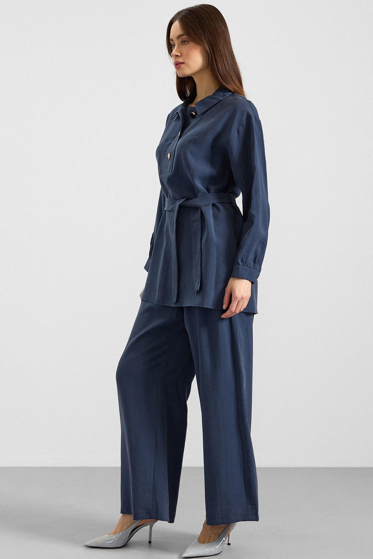 Metal Düğmeli Soft Kumaş Tunik Pantolon İkili Takım İNDİGO 9397-TK