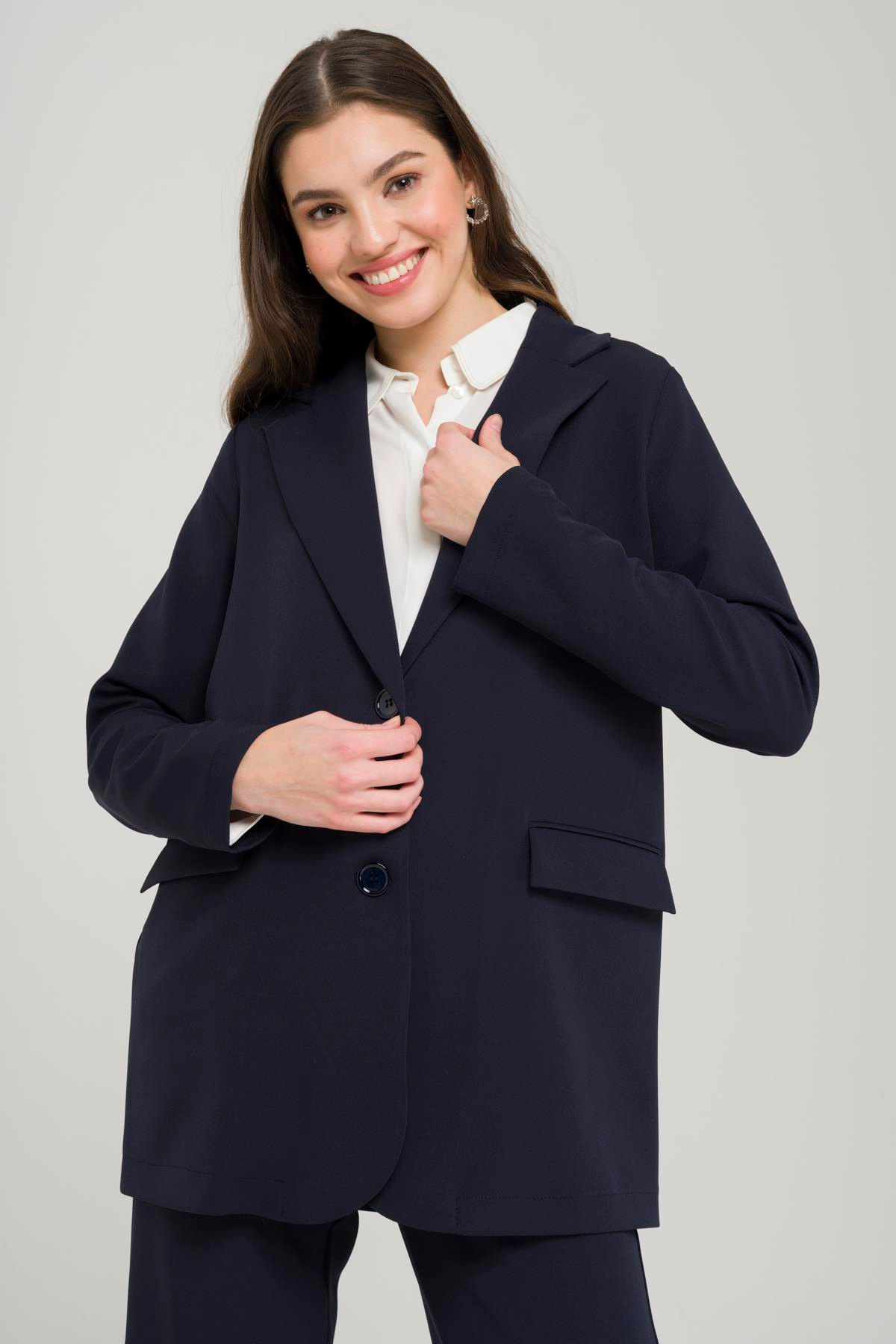 Mono Yaka Rahat Kalıp Astarsız Blazer Ceket LACİVERT 8217