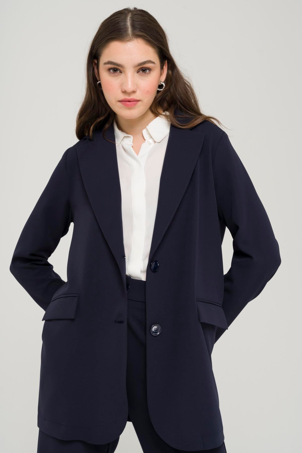 Mono Yaka Rahat Kalıp Astarsız Blazer Ceket LACİVERT 8217